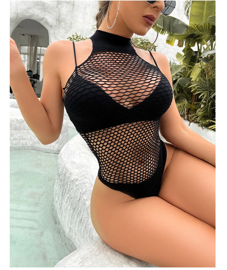 Seductive Black Fishnet Bodysuit | Stretchy Cutout Bunny-Style Lingerie
